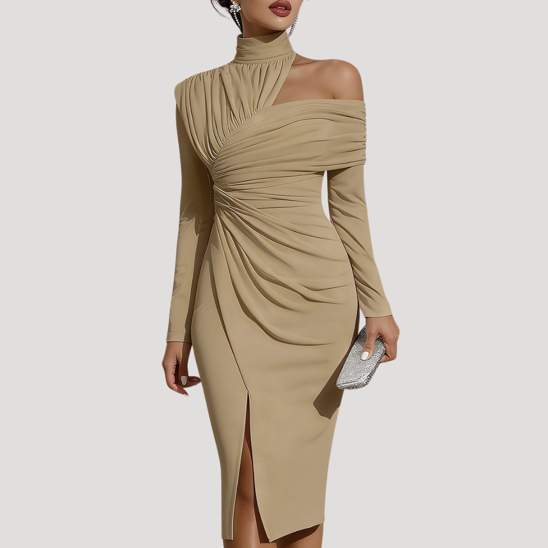 Midi-jurk met asymmetrische schouder en drapering