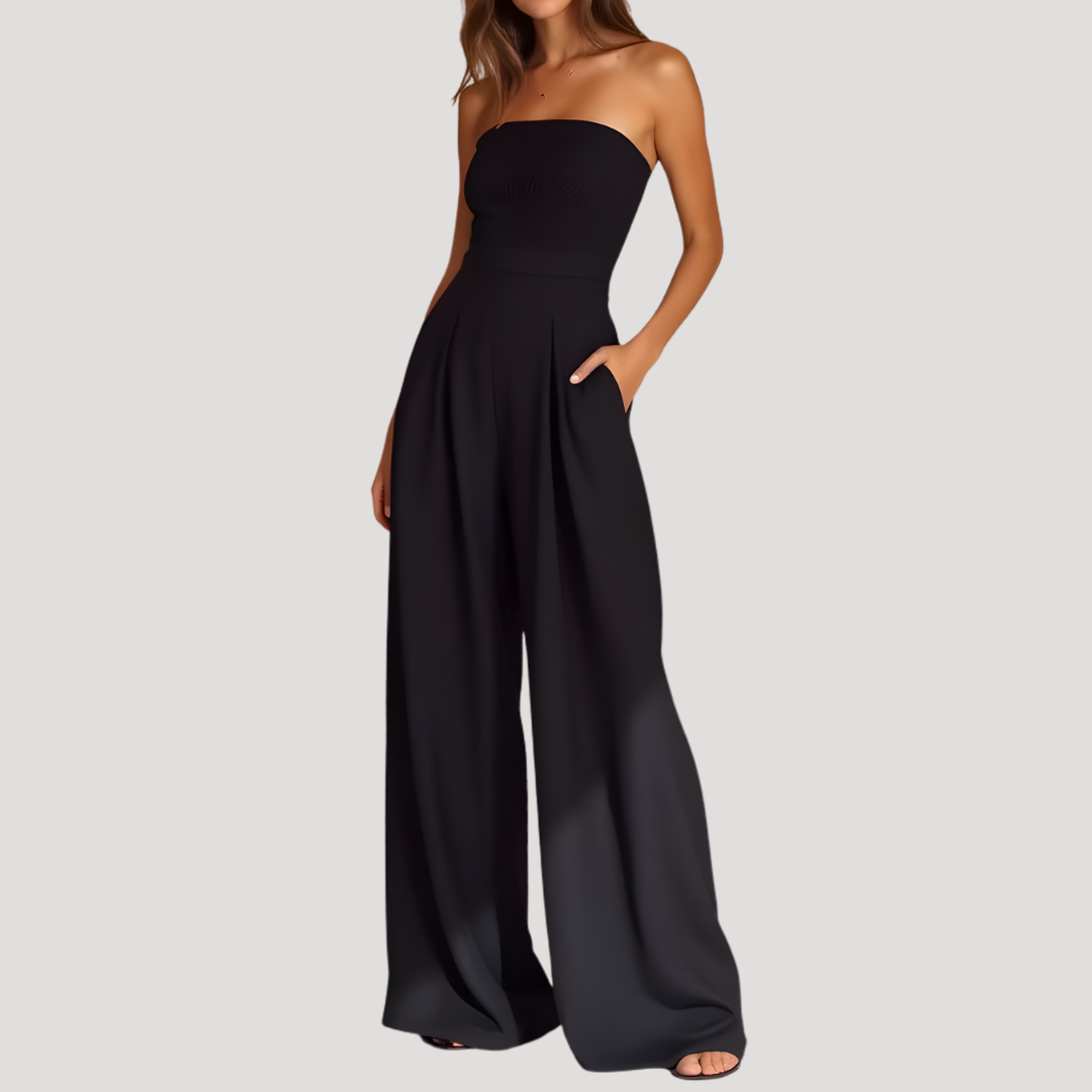 Elegante jumpsuit met bustiertop en wijde pijpen