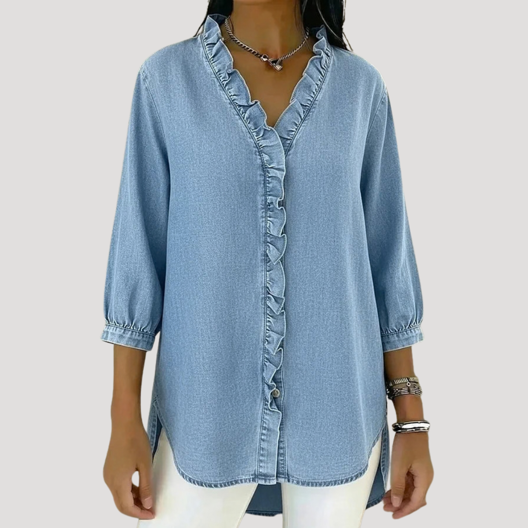 Blouse in denimlook met volants