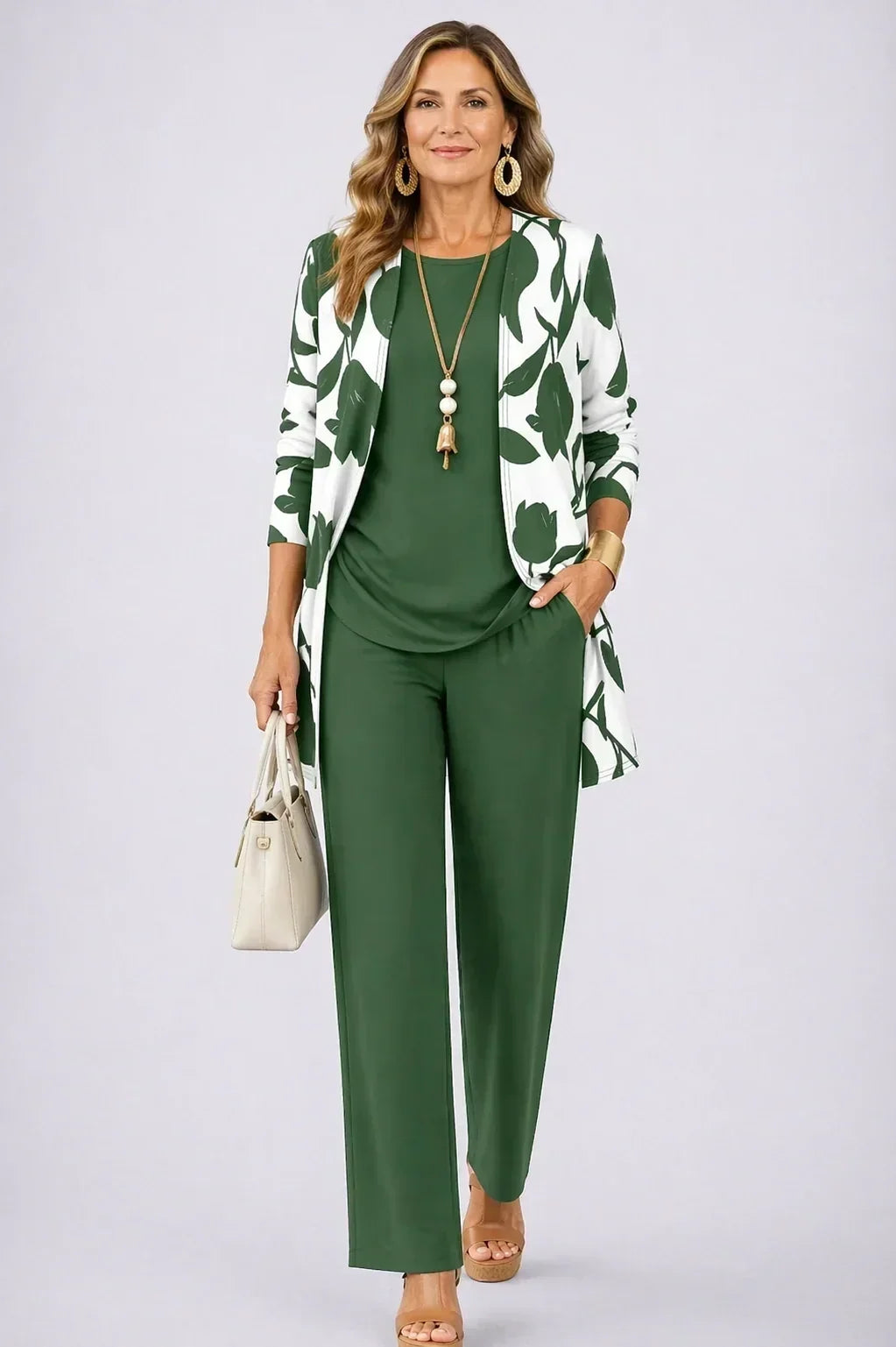 Driedelige set met vest met bladerenprint en wijde broek