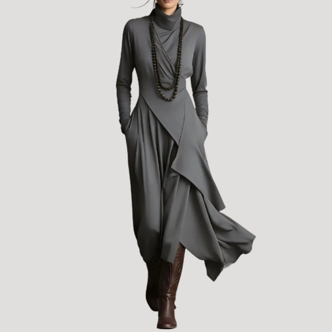 Elegante maxi-jurk met lange mouwen en driekwartsdrapering