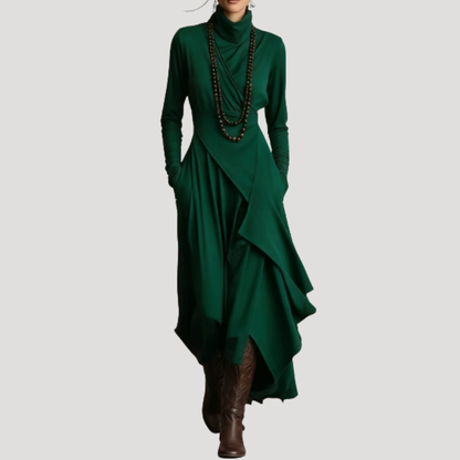 Elegante maxi-jurk met lange mouwen en driekwartsdrapering