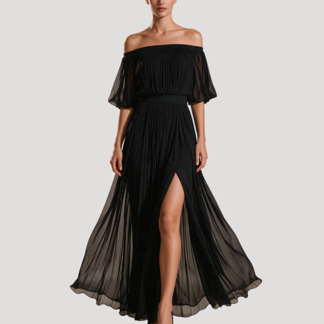 Maxi-jurk met plissé en off-shoulder uitsnijding