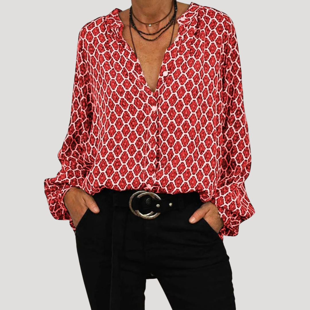 Elegante blouse met grafische print en V-hals