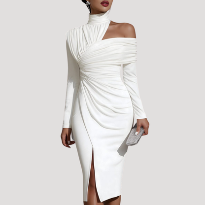 Midi-jurk met asymmetrische schouder en drapering