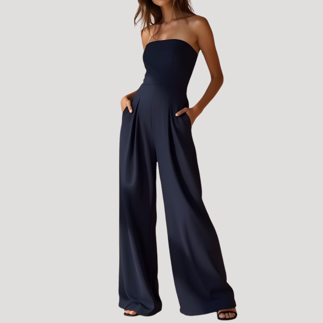 Elegante jumpsuit met bustiertop en wijde pijpen