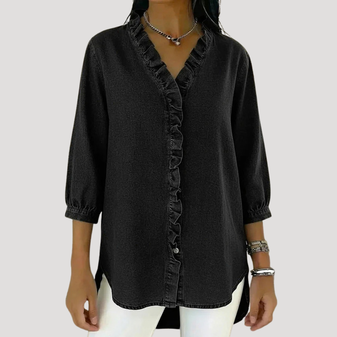 Blouse in denimlook met volants