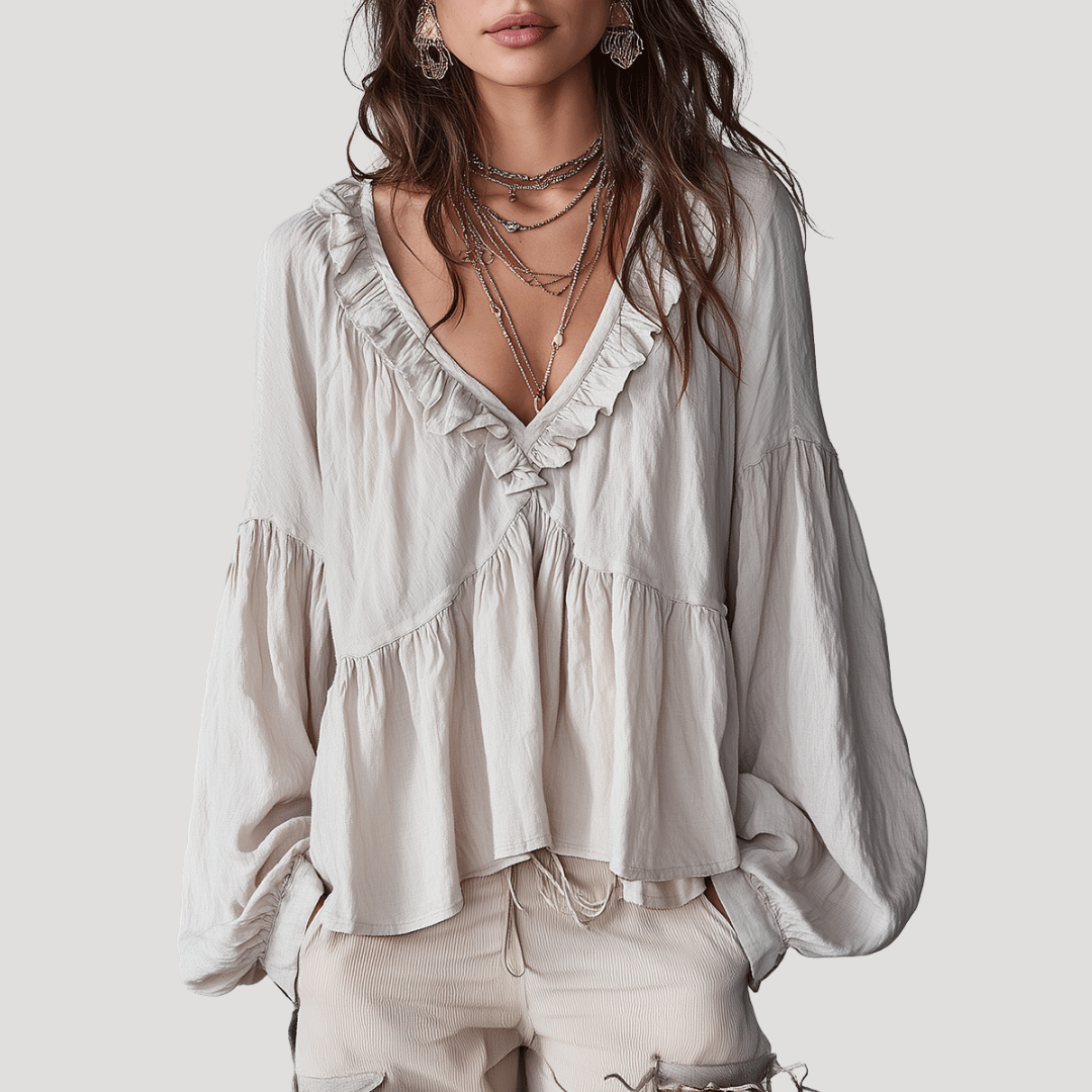 Blouse met V-hals en volant, lange mouwen