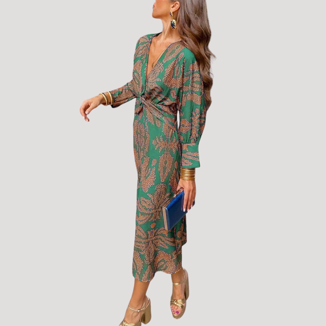 Elegante midi-jurk met gedrapeerd overslaglijfje