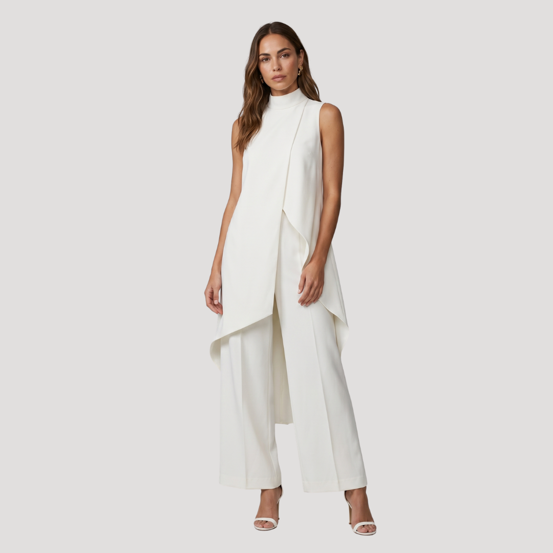 Elegante set met lange asymmetrische top en wijde broek