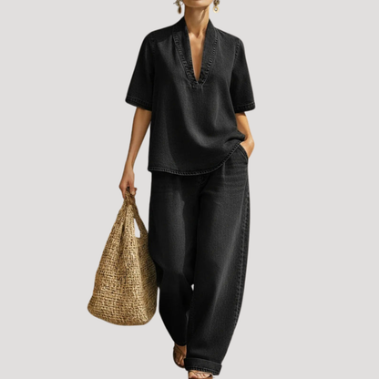 Tweedelige set in denimlook met ruime pasvorm