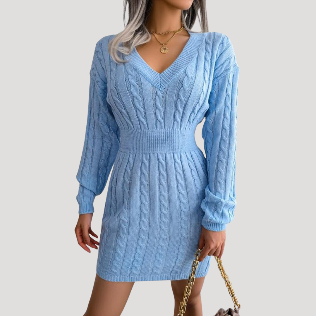 Gebreide midi-jurk met uitlopend model en lange mouwen