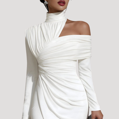 Midi-jurk met asymmetrische schouder en drapering