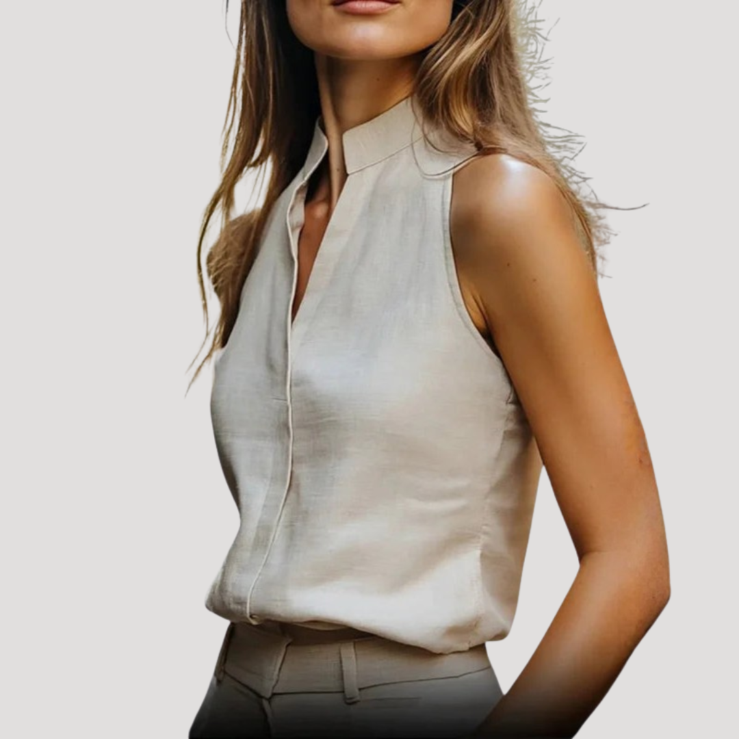 Mouwloze blouse met hoge hals en split