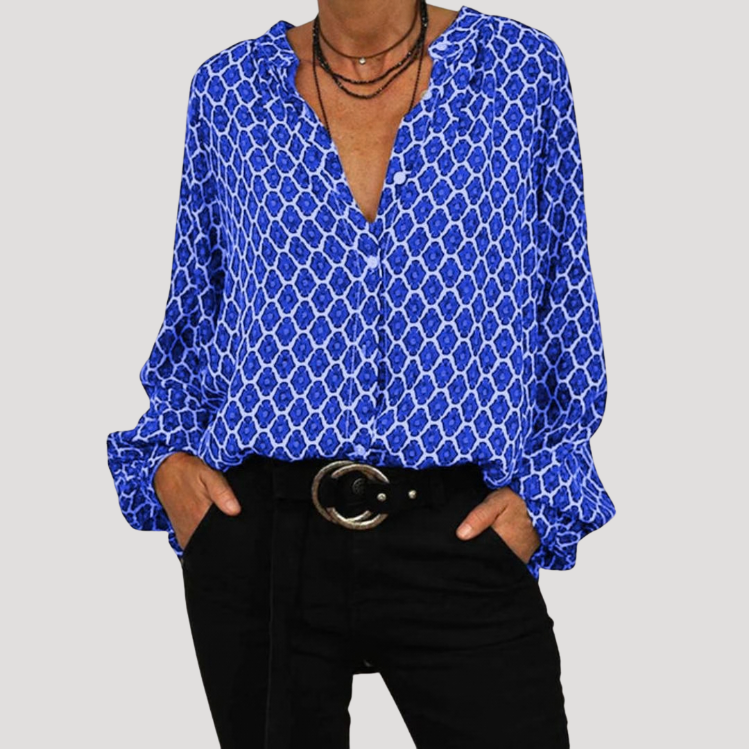 Elegante blouse met grafische print en V-hals