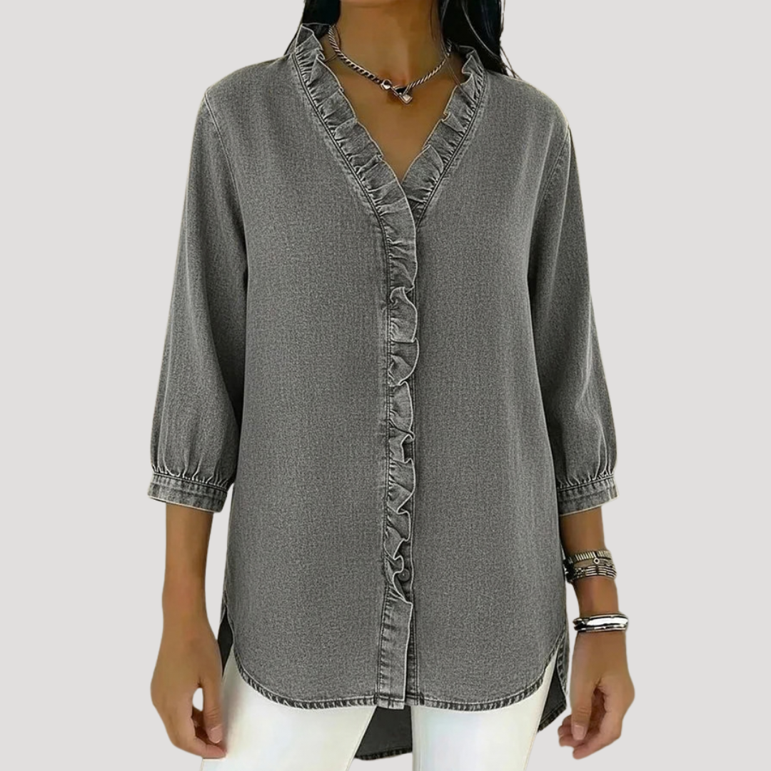 Blouse in denimlook met volants