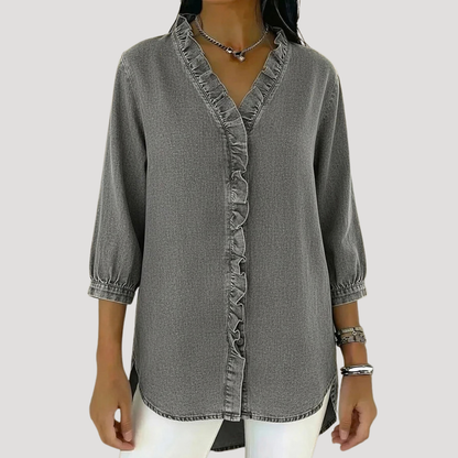 Blouse in denimlook met volants