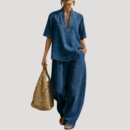 Tweedelige set in denimlook met ruime pasvorm