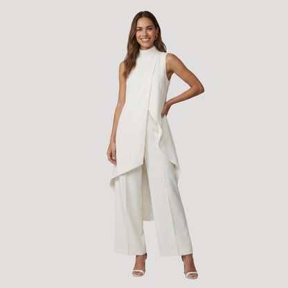 Elegante set met lange asymmetrische top en wijde broek