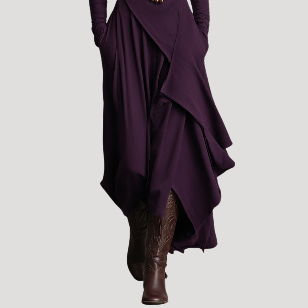 Elegante maxi-jurk met lange mouwen en driekwartsdrapering