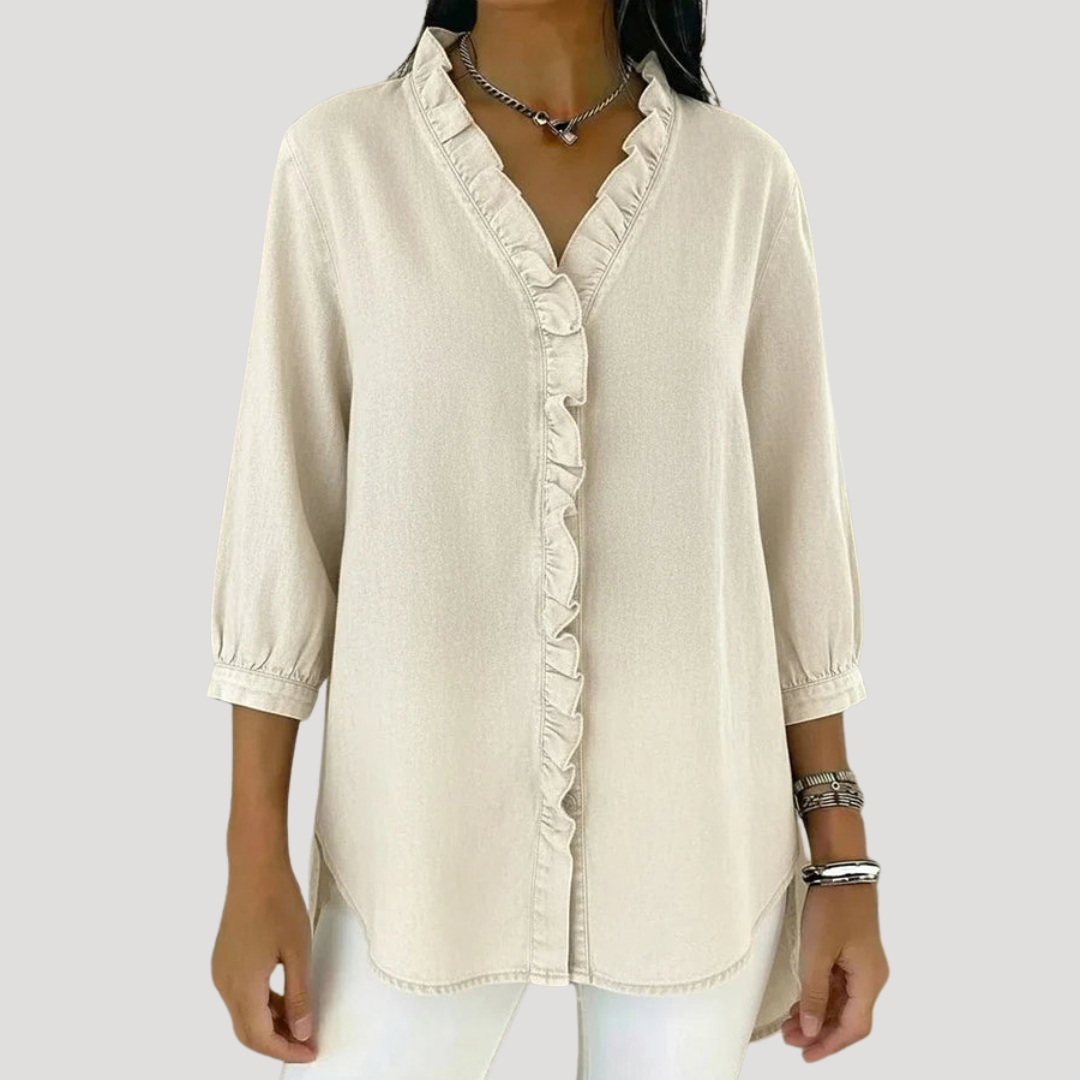 Blouse in denimlook met volants