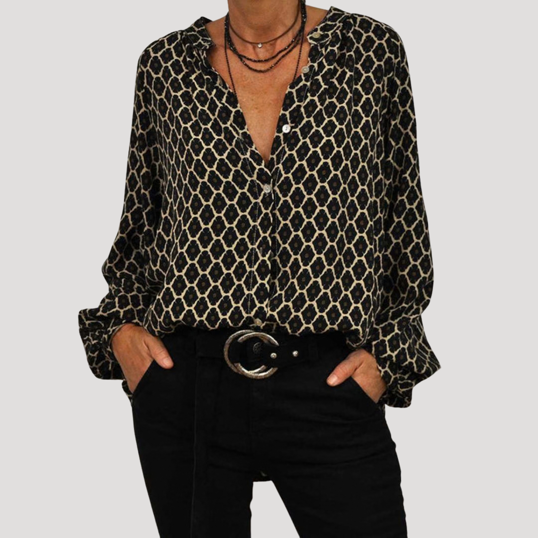 Elegante blouse met grafische print en V-hals