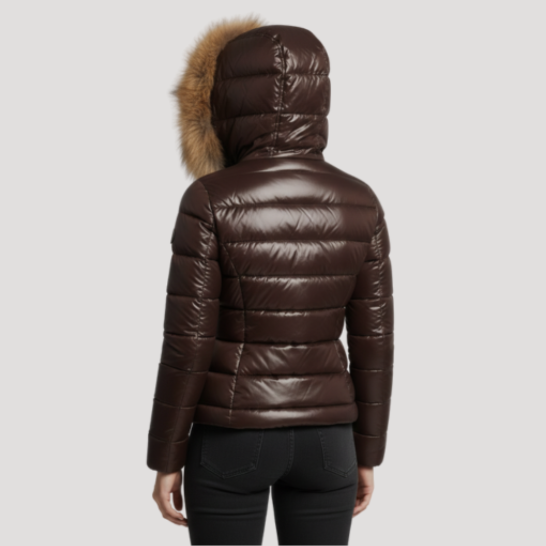Glanzende jas met capuchon en imitatiebontrand