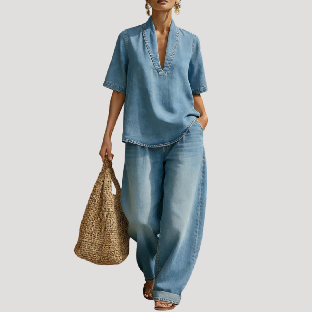 Tweedelige set in denimlook met ruime pasvorm
