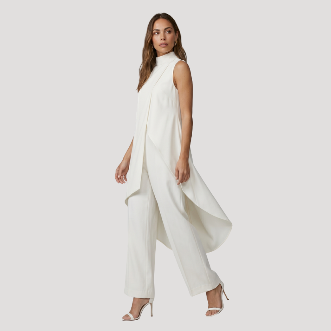 Elegante set met lange asymmetrische top en wijde broek