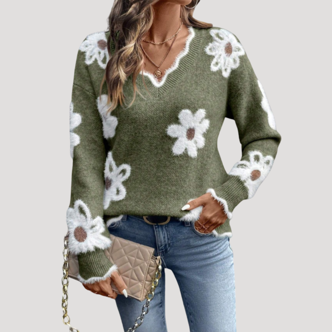 Gebreide trui met bloemenprint en V-hals
