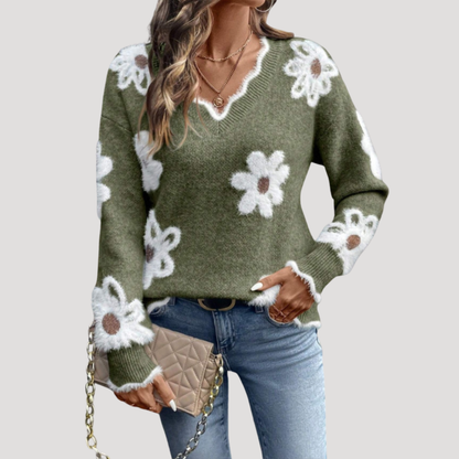 Gebreide trui met bloemenprint en V-hals