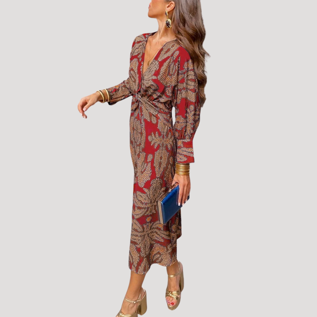 Elegante midi-jurk met gedrapeerd overslaglijfje