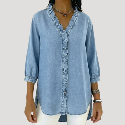 Blouse in denimlook met volants