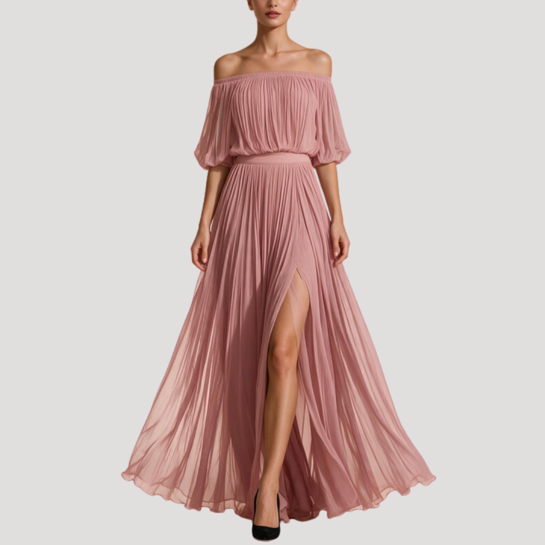 Maxi-jurk met plissé en off-shoulder uitsnijding