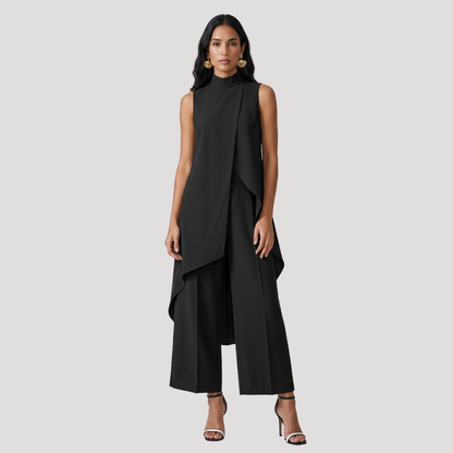 Elegante set met lange asymmetrische top en wijde broek