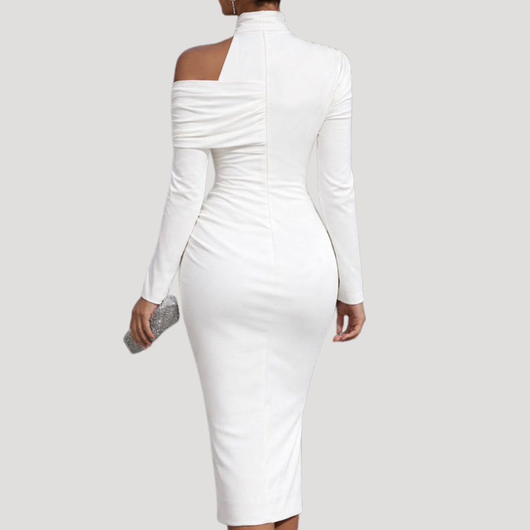 Midi-jurk met asymmetrische schouder en drapering