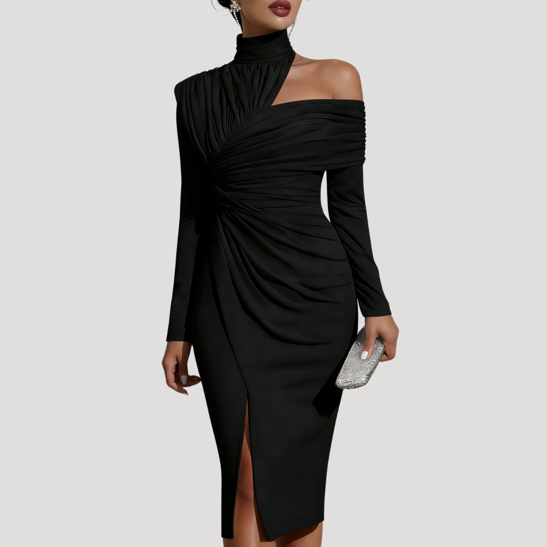 Midi-jurk met asymmetrische schouder en drapering