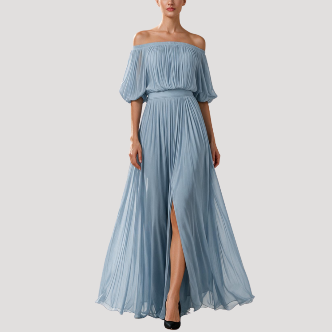 Maxi-jurk met plissé en off-shoulder uitsnijding
