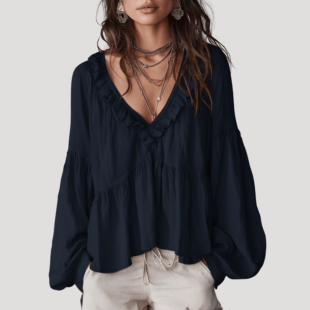 Blouse met V-hals en volant, lange mouwen