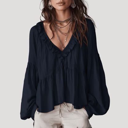 Blouse met V-hals en volant, lange mouwen