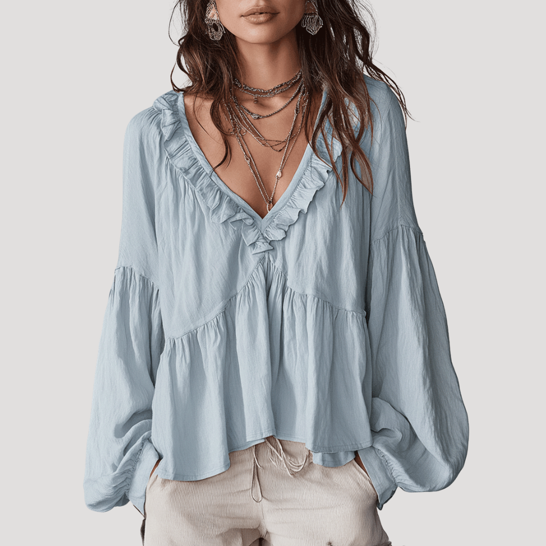 Blouse met V-hals en volant, lange mouwen