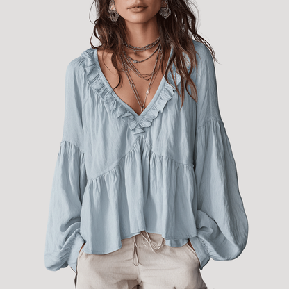 Blouse met V-hals en volant, lange mouwen