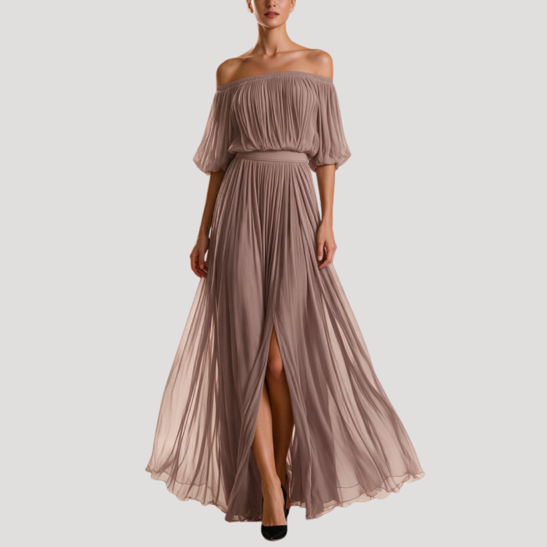 Maxi-jurk met plissé en off-shoulder uitsnijding