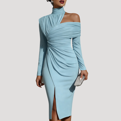 Midi-jurk met asymmetrische schouder en drapering