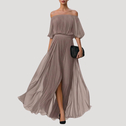 Maxi-jurk met plissé en off-shoulder uitsnijding