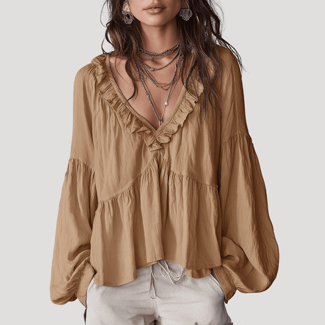 Blouse met V-hals en volant, lange mouwen
