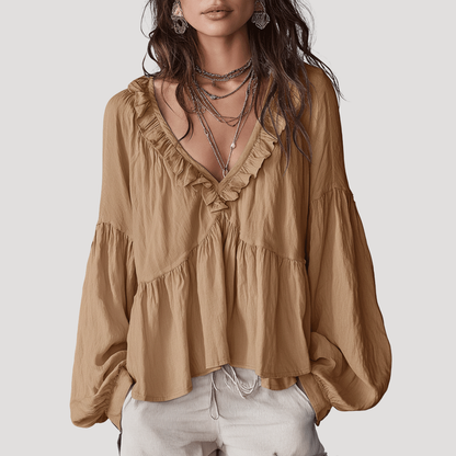 Blouse met V-hals en volant, lange mouwen