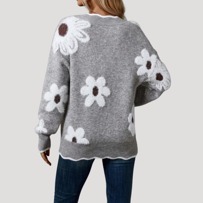 Gebreide trui met bloemenprint en V-hals