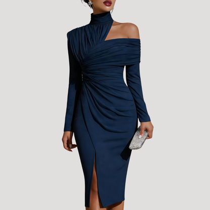 Midi-jurk met asymmetrische schouder en drapering