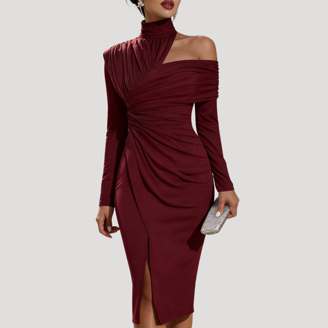Midi-jurk met asymmetrische schouder en drapering